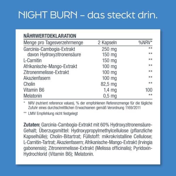 My perfect Shape NIGHT BURN - 120 Nacht Kapseln, Vegan - 8-in-1 Stoffwechsel Komplex mit Cholin & Vitamin B6 - Melatonin, L-Carnitin, Garcinia Cambogia Extrakt (60% HCA), Mango, Akazienfasern u.v.m – Bild 7