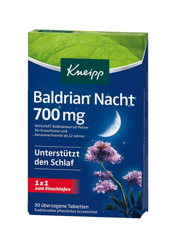Kneipp Baldrian Nacht 700 mg – Unterstützt den Schlaf - Traditionelles pflanzliches Arzneimittel - 30 überzogene Tabletten