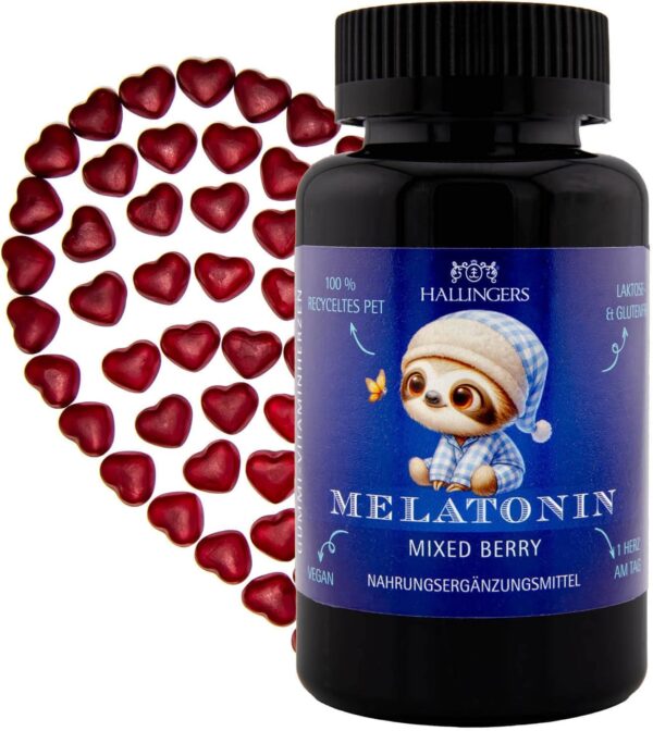 Hallingers Melatonin Kinder - Vitaminherzen Mixed Berry 60 vegane Gummies mit Melatonin hochdosiert, 0,5 mg pro Herz (Dose) - Ostergeschenke Osterkörbchen Ostereier & als Osterdeko | Geburtstag Glückw