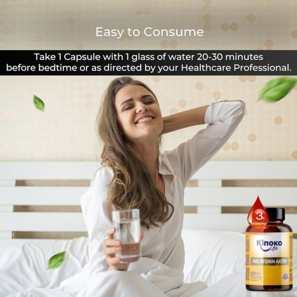 MELATONIN AKTIV, Hanföl, Passionsblume, GABA & Vitamin B1, B3, B6, B12, Hochdosiert, Ideal zum Einschlafen & Entspannen, Schlafkapseln, Schlafhilfe, Durchschlaftabletten, Glutenfrei, 120 Kapseln – Bild 7