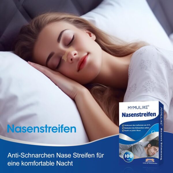 MYMULIKE Nasenpflaster Schnarchen, 100 Stück Nasenpflaster Besser Atmen, Anti Schnarch Nasenpflaster für Sport und Schlaf, Lindert Verstopfte Nase Aufgrund von Erkältungen, Allergien – Bild 2