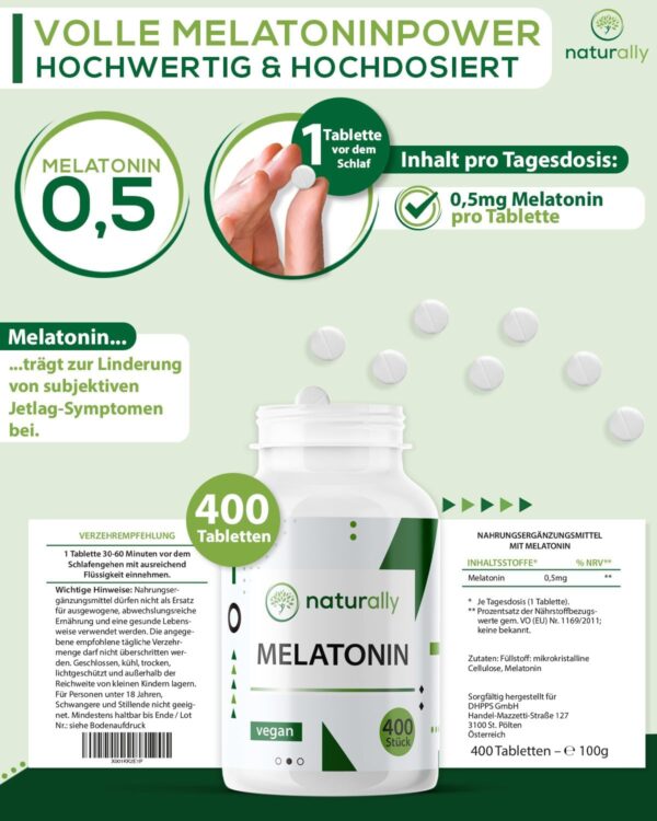naturally Melatonin Tabletten [400 Stück] – bioaktive 0,5mg Melatonintabletten hochdosiert, vegan, ohne Zusätze, Schlaftabletten – Bild 4