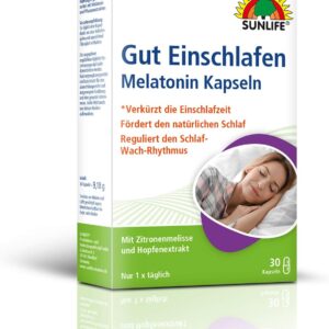 SUNLIFE Melatonin Kapseln hochdosiert - 1 x 30 Stück - Melatonin 1mg Kapseln mit Zitronenmelisse-Extrakt - Gut Einschlafen Kapseln für Erwachsene - hochwertiges Schlafmittel - ideal bei Jetlag
