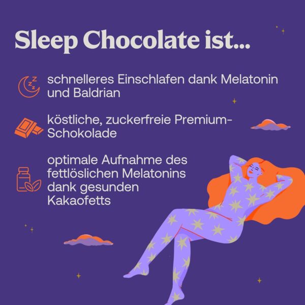 Sleep Chocolate mit Melatonin + Baldrian für verkürzte Einschlafzeit - Zuckerfrei - Wirksamere Alternative zu Melatonin Sprays/Gummies 0,5 mg - Hochdosiert - Vegan - Made in Germany - Clever Chocolate – Bild 2