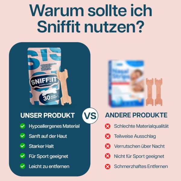 Sniffit Nasenstreifen gegen Schnarchen - 30 Stück Anti Schnarchen Nasenpflaster für einfacheres Atmen durch die Nase - Nose strips für erholsamen Schlaf & mehr Energie - Nasenpflaster Besser Atmen – Bild 6