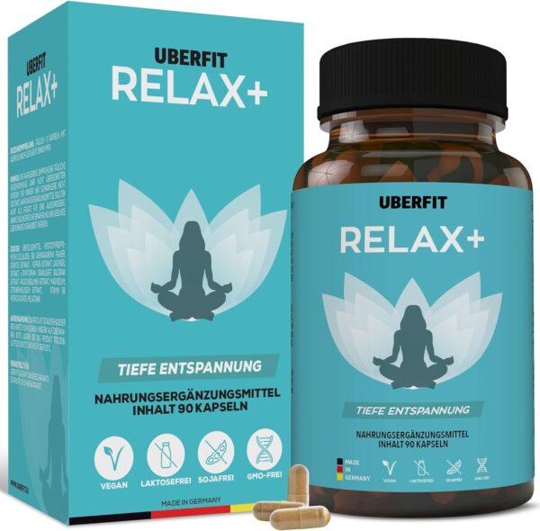 UberFit® RELAX+ Premium Unterstützung für Ruhe & Entspannung - Hochdosiert mit Baldrian, Ashwagandha, Lavendel, Passionsblume, Melisse, Hopfen, Tryptophan, Vitamin B6, Melatonin (90 vegane Kapseln)