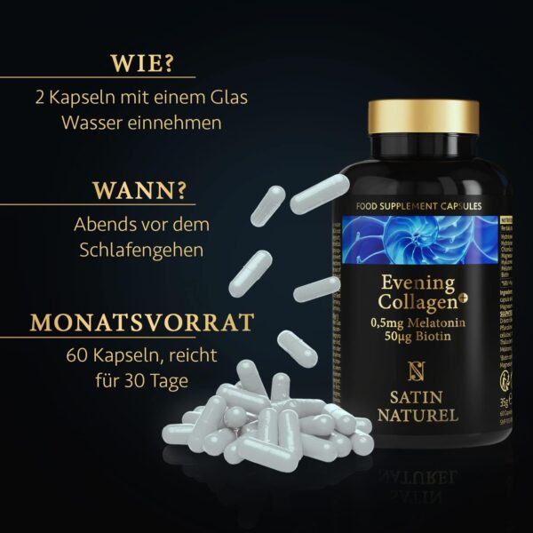 Melatonin + Hyaluron Kollagen Kapseln hochdosiert - 0,5mg Melatonin, 580mg Marine Collagen mit Magnesium, Chlorella und Biotin - 60 Beauty Kapseln - Ohne Zusatzstoffe, Made in Germany – Bild 5