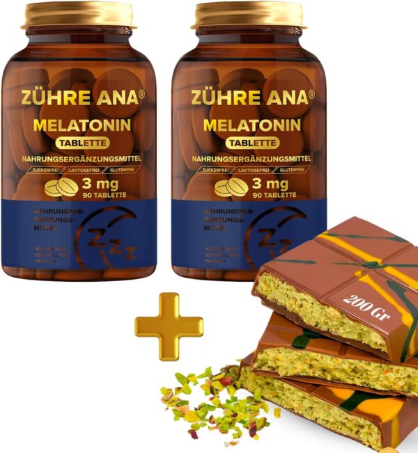 Zühre Ana Melatonin Tablette – 2X90 Tabletten – frei von unerwünschten Zusatzstoffen – 100% vegan - 200 g Dubai-Schokolade als Geschenk