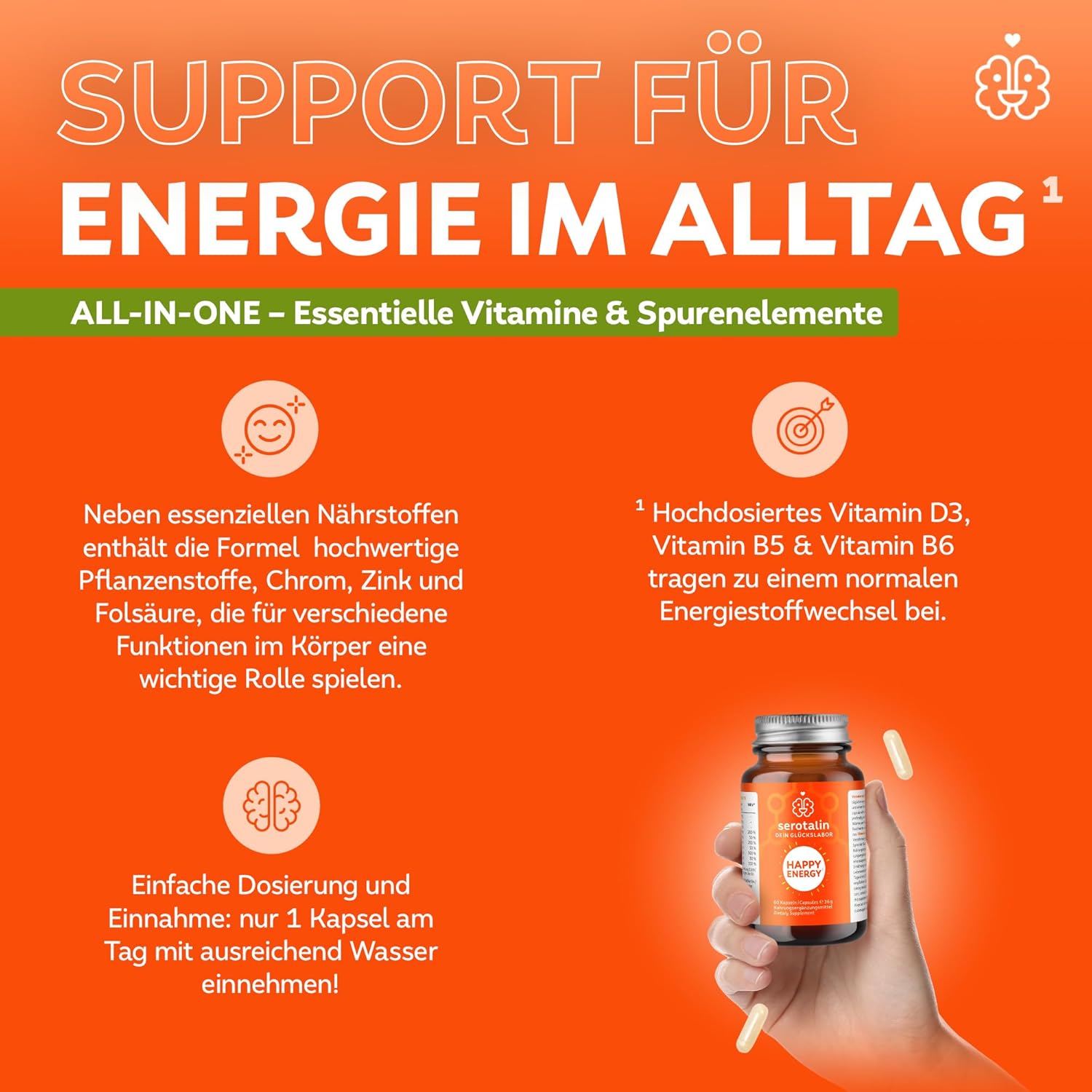 serotalin® ORIGINAL HAPPY ENERGY KAPSELN | +Griffonia +Vitamin D3 hochdosiert +B12 +B6 +Phenylalanin +Zink +Chrom +Koffein | 100% vegan & made in Germany | 2 Monate – Bild 4