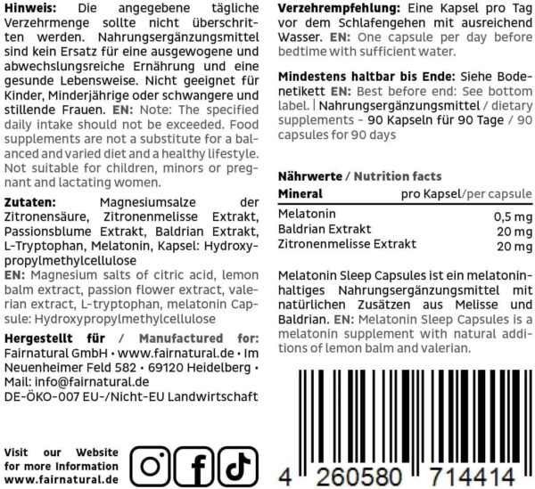 Fairnatural Melatonin Komplex Kapseln Vegan [Regional aus Deutschland] Mit Baldrian, Melisse & Passionsblume für Deine ruhige Nacht | 90 Kapseln | Clean & hochdosiert – Bild 7