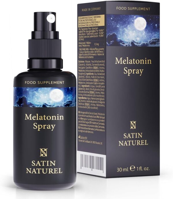 Melatonin Einschlafspray - Schnell wirkendes Melatonin hochdosiert - Melatonin 0,5mg - Extra groß: 214 Tage - Sleep Spray 30ml - 100% Vegan & Zuckerfrei - Satin Naturel