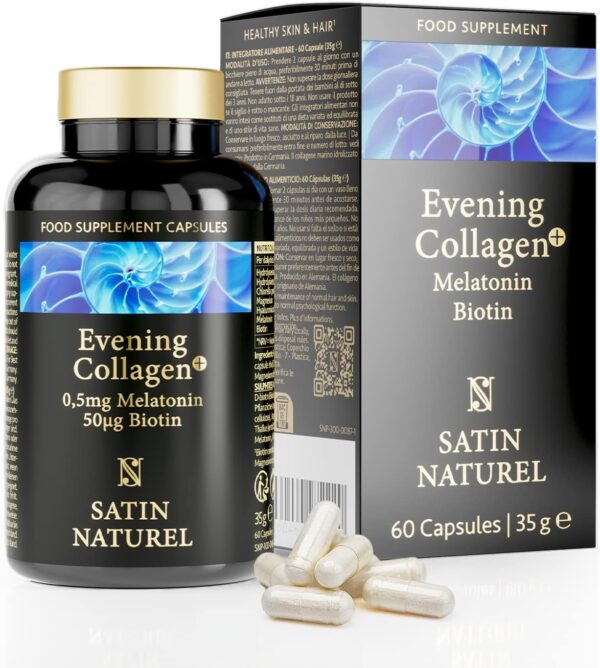 Melatonin + Hyaluron Kollagen Kapseln hochdosiert - 0,5mg Melatonin, 580mg Marine Collagen mit Magnesium, Chlorella und Biotin - 60 Beauty Kapseln - Ohne Zusatzstoffe, Made in Germany