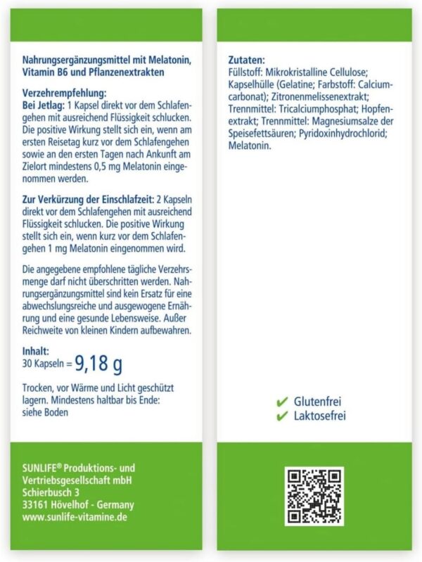SUNLIFE Melatonin Kapseln hochdosiert - 1 x 30 Stück - Melatonin 1mg Kapseln mit Zitronenmelisse-Extrakt - Gut Einschlafen Kapseln für Erwachsene - hochwertiges Schlafmittel - ideal bei Jetlag – Bild 9