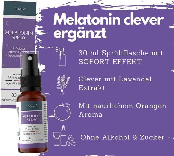 Melatonin Einschlafspray, mit Baldrian & Vitamin B1+ B6 - 0,5 mg liquid Melatonin pro Sprühstoß, natürliches Schlafhormon, 30 ml mit SOFORT EFFEKT- Ohne Alkohol, Hochdosiert & Made in Germany – Bild 3