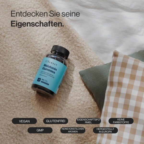 Melatonin Gummies, mit Kamille, Baldrian, Melisse und Vitamin B6, 90 Vegan Fruchtgummis | 0,5 mg Melatonin pro Dose | Aroma von Waldfrüchten | Gelatinefrei, Vegetarisch, Glutenfrei | Zenement – Bild 2