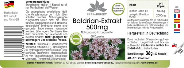 Baldrian Kapseln - 500mg - 60 Kapseln - 4-fach konzentriert - vegan | HERBADIREKT by Warnke Vitalstoffe - Deutsche Apothekenqualität