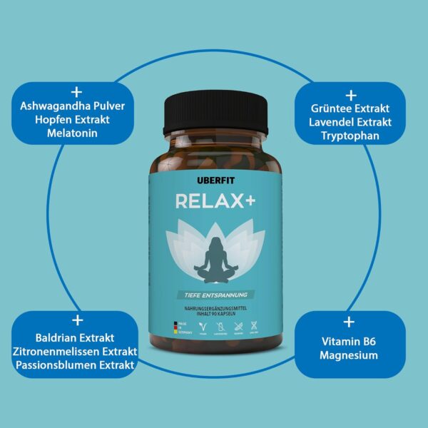 UberFit® RELAX+ Premium Unterstützung für Ruhe & Entspannung - Hochdosiert mit Baldrian, Ashwagandha, Lavendel, Passionsblume, Melisse, Hopfen, Tryptophan, Vitamin B6, Melatonin (90 vegane Kapseln) – Bild 4