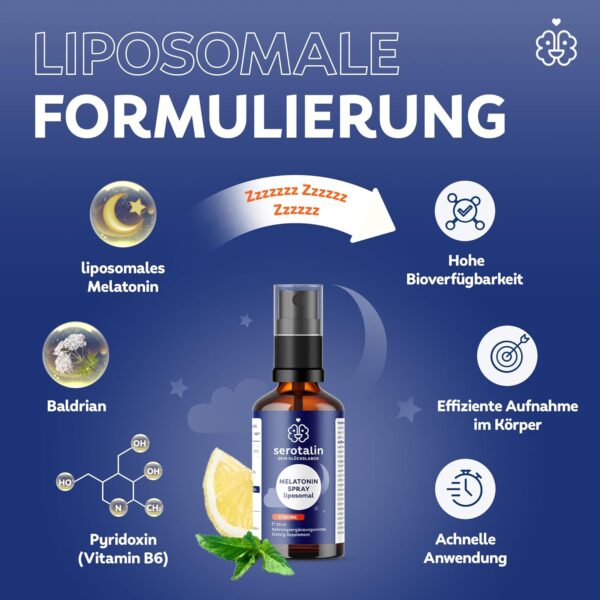 serotalin® MELATONIN SPRAY liposomal - Einschlafspray + Baldrian | Einschlafhilfe für Erwachsene | 30ml für 200 Sprühstöße – Bild 4