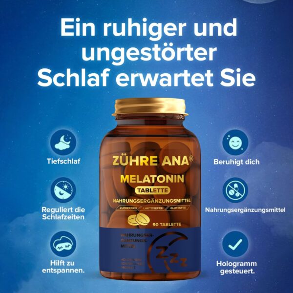 Zühre Ana Melatonin Tablette – 2X90 Tabletten – frei von unerwünschten Zusatzstoffen – 100% vegan - 200 g Dubai-Schokolade als Geschenk – Bild 2