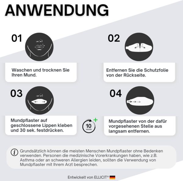 Ellicit® Mundpflaster Schlafen, 30er Pack Premium Mouth Tape for sleeping, Anti Schnarch, Schnarchpflaster gegen Schnarchen, optimaler Halt auch mit Bart, 95% Baumwolle [bequeme Universalgröße] – Bild 7