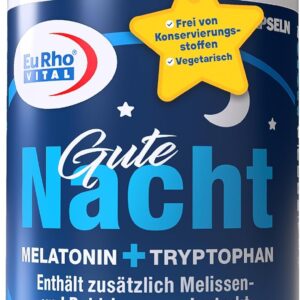 Gute Nacht | Einschlafhilfe – schnell ein- und gut durchschlafen | Mit natürlichem Melatonin, Tryptophan, Melissen- und Baldrianwurzelextrakt | EuRho® Vital – Made in Germany | 60 Kapseln