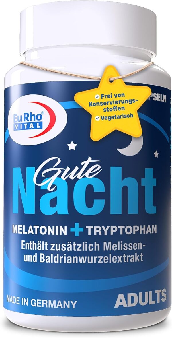 Gute Nacht | Einschlafhilfe – schnell ein- und gut durchschlafen | Mit natürlichem Melatonin, Tryptophan, Melissen- und Baldrianwurzelextrakt | EuRho® Vital – Made in Germany | 60 Kapseln