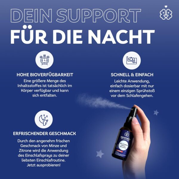 serotalin® MELATONIN SPRAY liposomal - Einschlafspray + Baldrian | Einschlafhilfe für Erwachsene | 30ml für 200 Sprühstöße – Bild 5