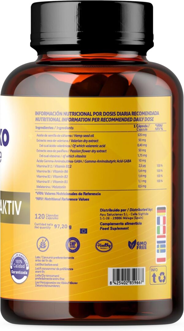 MELATONIN AKTIV, Hanföl, Passionsblume, GABA & Vitamin B1, B3, B6, B12, Hochdosiert, Ideal zum Einschlafen & Entspannen, Schlafkapseln, Schlafhilfe, Durchschlaftabletten, Glutenfrei, 120 Kapseln – Bild 8