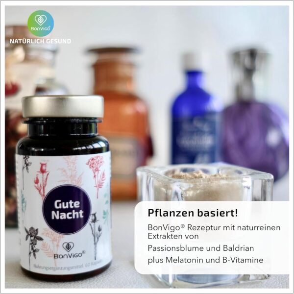 BonVigo® Gute Nacht Kapseln - Jetzt verbessert: Schneller einschlafen mit Melatonin* - Wertvolle Pflanzen-Extrakte Passionsblume und Baldrian - B-Vitamine für Nerven, Herz, Hormone – Bild 8