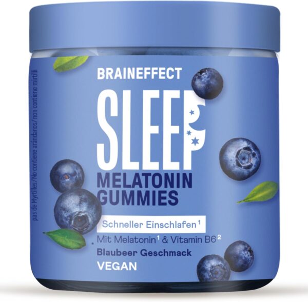 BRAINEFFECT Sleep Gummies (60 Stück) - Vegane Melatonin Gummies mit Blaubeergeschmack - Melatonin Gummibärchen für reduzierte Einschlafzeit