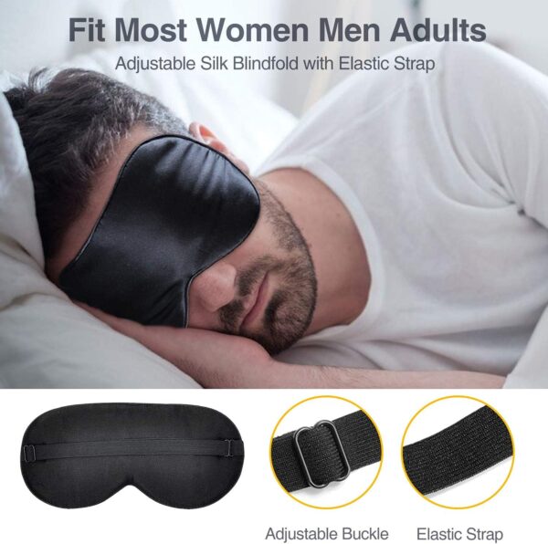 Schlafmaske Seide Augenmaske, 2 Pack 100% Hautfreundlich Seide Schlafmaske Frauen und Herren mit Verstellbarem Gummiband und Ohrstöpseln, Nachtmaske Ideal für Schlaf zu Hause und Auf Reisen – Bild 6