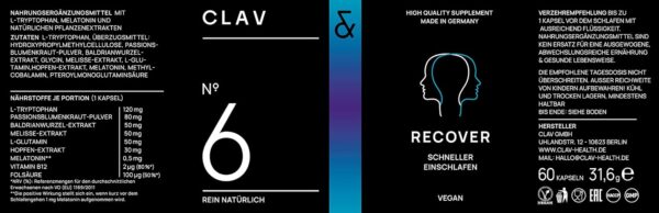 N°6 RECOVER Schlafmittel pflanzlich - Melatonin hochdosiert mit L-Tryptophan, Baldrian, Passionsblume, Hopfen, Melissenextrakt - Einschlafhilfe Erwachsene - 60 Melatonin Kapseln – Bild 10