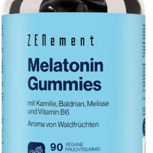 Melatonin Gummies, mit Kamille, Baldrian, Melisse und Vitamin B6, 90 Vegan Fruchtgummis | 0,5 mg Melatonin pro Dose | Aroma von Waldfrüchten | Gelatinefrei, Vegetarisch, Glutenfrei | Zenement
