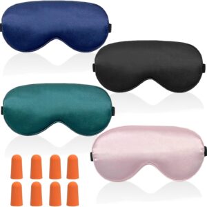 KEYRI 4 Stück Schlafmaske aus Seide, Schlafmaske für Herren und Frauen Augenmaske Nachtmaske mit Verstellbarem Riemen Ohrstöpseln Lichtblockierende Schlafbrille für Reise (Schwarz, Rosa, Blau, Grün)