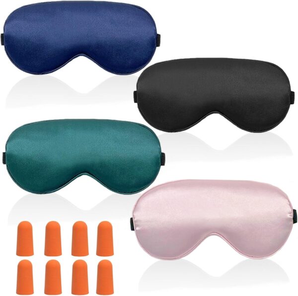 KEYRI 4 Stück Schlafmaske aus Seide, Schlafmaske für Herren und Frauen Augenmaske Nachtmaske mit Verstellbarem Riemen Ohrstöpseln Lichtblockierende Schlafbrille für Reise (Schwarz, Rosa, Blau, Grün)
