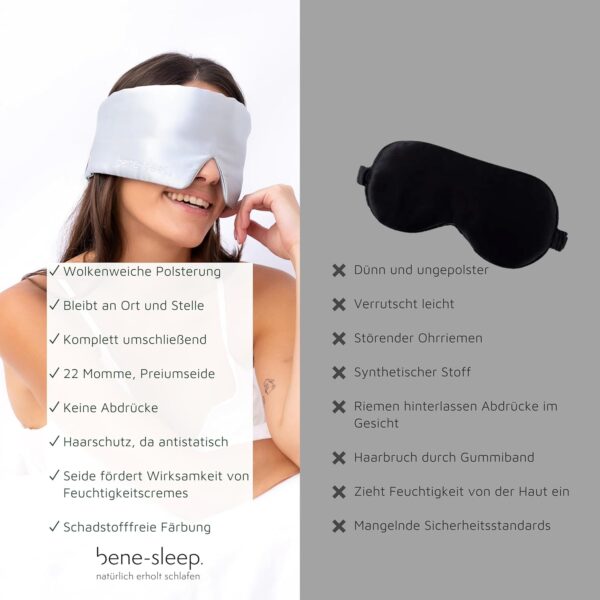 bene-sleep. Handgefertigte Schlafmaske aus reiner Seide mit Seidenfüllung – verstellbare Seidenschlafmaske Männer & Frauen – hypoallergen – atmungsaktive Maulbeerseide – Polyesterfrei (Grün) – Bild 4