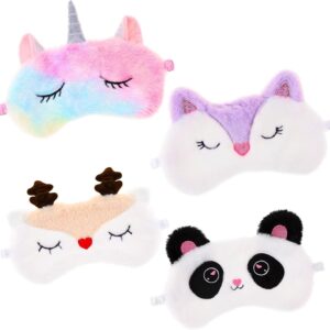 Kaisibum 4 Stück Schlafmaske Mädchen, Schlafmaske Lustig Schlafmaske Kinder Mädchen Cartoon Plüsch Schlaf-Augenmaske Geeignet für Eine Vielzahl Von Szenen und Kindergeschenke