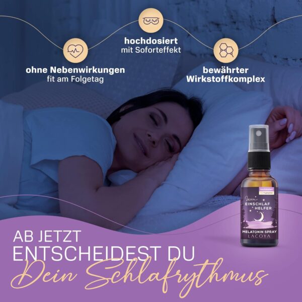 LACOYA® Melatonin Einschlafspray + L-Tryptophan 0,5mg/Sprüher - Melatonin-Spray hochdosiert 5-Fach höher - Natürliche Einschlafhilfe für Erwachsene & Kinder - Sleep Schlaf-Spray ohne Alkohol u. Zucker – Bild 2