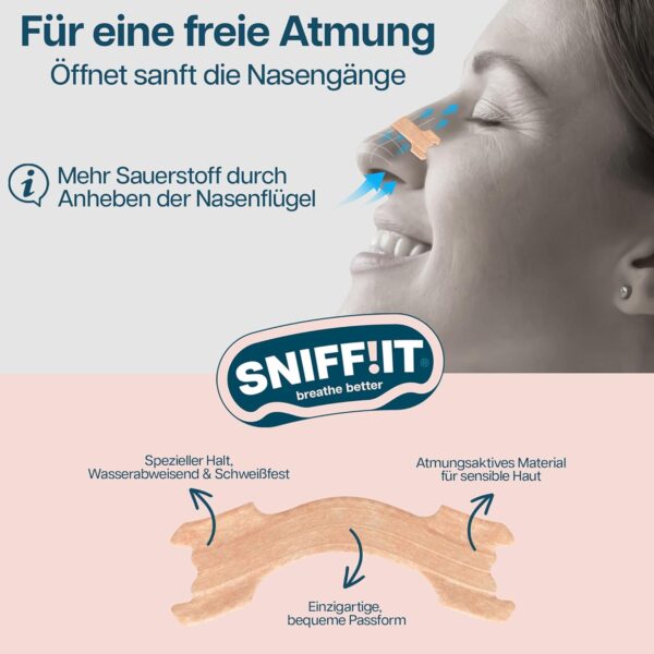 Sniffit Nasenstreifen gegen Schnarchen - 30 Stück Anti Schnarchen Nasenpflaster für einfacheres Atmen durch die Nase - Nose strips für erholsamen Schlaf & mehr Energie - Nasenpflaster Besser Atmen – Bild 3