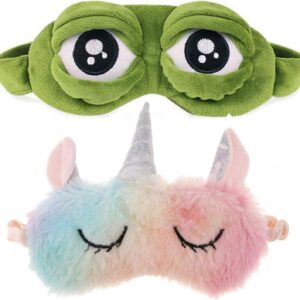 Schneespitze 2 Stück Cartoon Premium Schlafmaske,Einhorn Schlafmaske,Rainbow Unicorn Schlafmasken,Frosch Augenmaske Blackout Brille,Plüsch Schlafmaske Schlafmasken für Erwachsene, Kinder