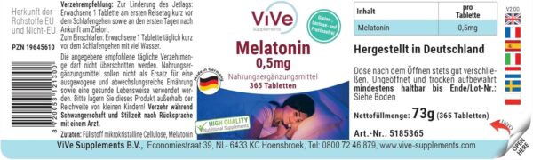 Melatonin - 365 Tabletten - 0,5mg Melatonin pro Tablette - Hochdosiert - Bioverfügbar - Qualität aus Deutschland - ViVe Supplements – Bild 2