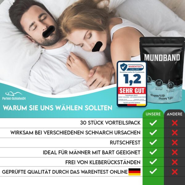 Perfekt-Schlafen24® 30x Starke Nasenpflaster gegen Schnarchen - 66x19mm - Besser schlafen ohne schnarchen & besser atmen für Sport (Schwarz) – Bild 4