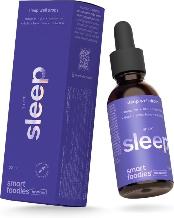 Smart Foodies Functional Smart Sleep – Melatonin Tropfen 1mg mit Zink, Baldrianwurzel, GABA, Melisse & Tryptophan, Einschlafhilfe, Vegan, Ohne Alkohol & Süßstoffe, Natürliche Schlafqualität