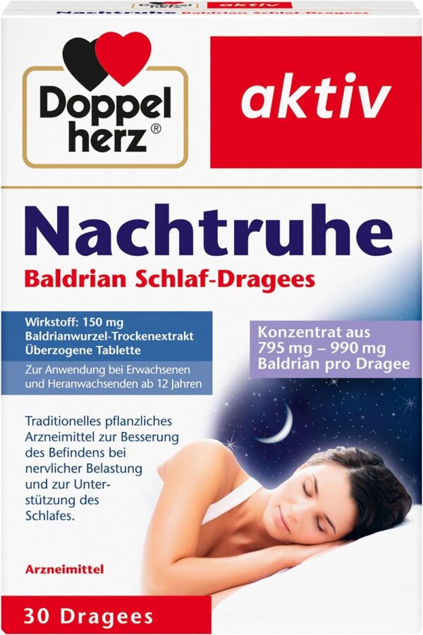 Doppelherz Nachtruhe Baldrian Schlaf-Dragees N – Arzneimittel zur Verbesserung des Befindens bei nervlicher Belastung und zur Unterstützung des Schlafes – 30 Dragees (1er Pack)