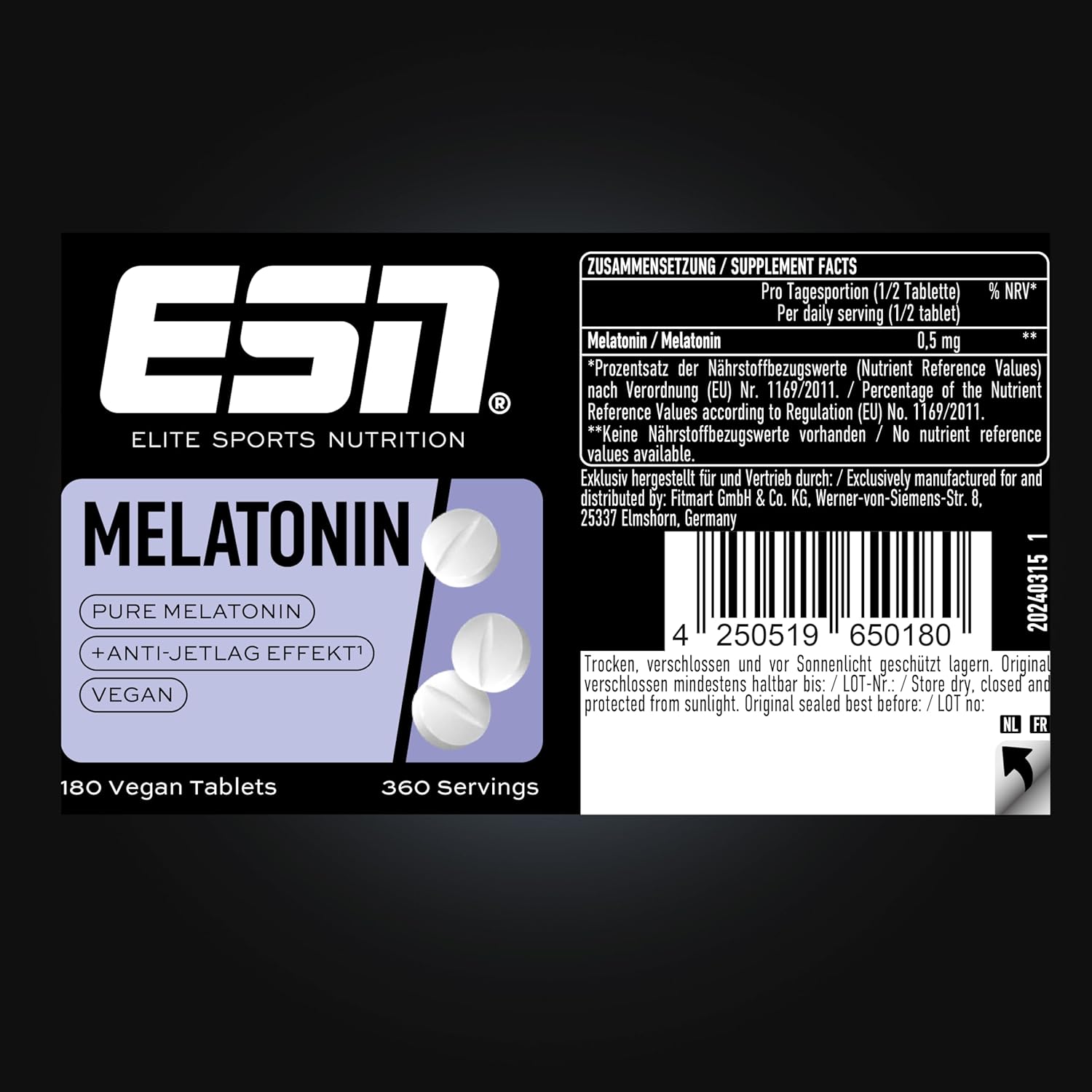 ESN Melatonin Sleep Aid, 180 Tabletten, 0,5 mg reines Melatonin pro Tagesportion, Anti-Jetlag-Support, geprüfte Qualität - made in Germany – Bild 4