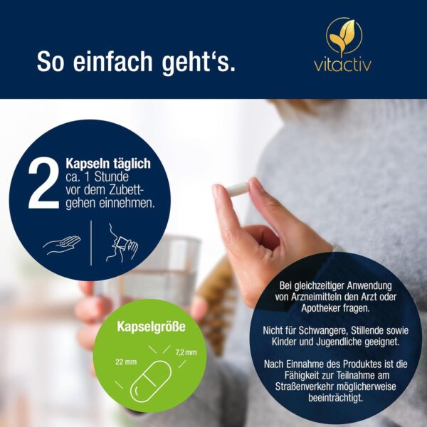 VITACTIV Schlafdurch Komplex - natürliche Durchschlafhilfe-Kapseln für Menschen, die Probleme beim Durchschlafen haben, 100% pflanzliche Inhaltsstoffe mit Hopfenblüte und Melisse – Bild 8