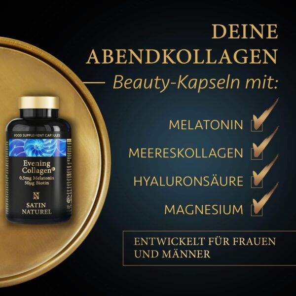 Melatonin + Hyaluron Kollagen Kapseln hochdosiert - 0,5mg Melatonin, 580mg Marine Collagen mit Magnesium, Chlorella und Biotin - 60 Beauty Kapseln - Ohne Zusatzstoffe, Made in Germany – Bild 2