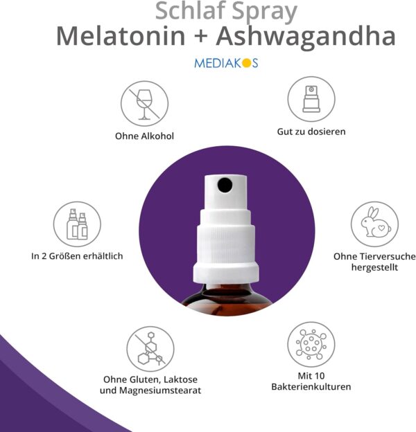 Mediakos® Melatonin Einschlafspray mit Ashwagandha (50ml) - Hochdosiertes Melatonin Spray mit Passionsblume & Vitamin B6 - Schlafspray für direkte & kontaktlose Anwendung - Pfirsich-Geschmack – Bild 5