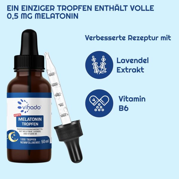 Vihado Melatonin Tropfen - 1000 Nächte - Sofort und schnell - Extra hochdosiert (Forte) - Besser da Melatonin Komplex, 50 ml (1000 Tropfen) – Bild 5