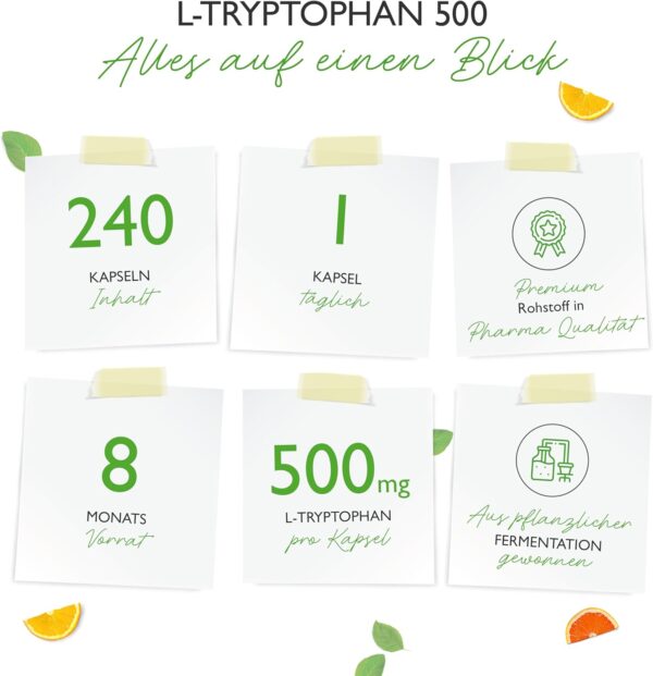 L-Tryptophan 500 mg - 240 vegane Kapseln - Aus pflanzlicher Fermentation - 8 Monate Reichweite - Ohne Zusätze - Vegan – Bild 2